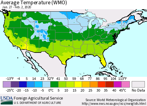 United States Average Temperature (WMO) Thematic Map For 1/27/2020 - 2/2/2020