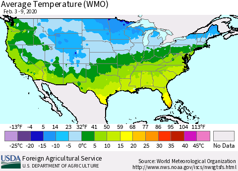 United States Average Temperature (WMO) Thematic Map For 2/3/2020 - 2/9/2020