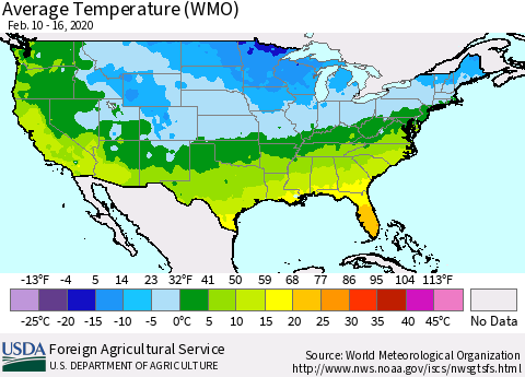 United States Average Temperature (WMO) Thematic Map For 2/10/2020 - 2/16/2020