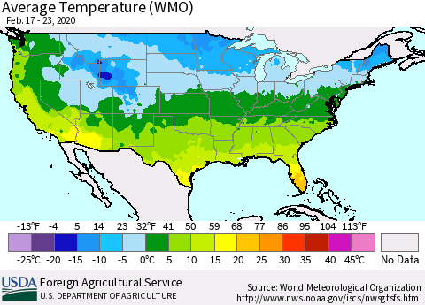 United States Average Temperature (WMO) Thematic Map For 2/17/2020 - 2/23/2020