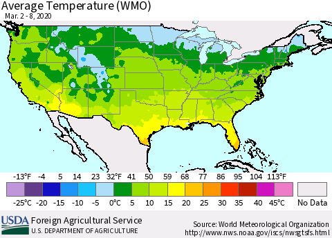 United States Average Temperature (WMO) Thematic Map For 3/2/2020 - 3/8/2020