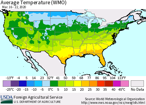 United States Average Temperature (WMO) Thematic Map For 3/16/2020 - 3/22/2020
