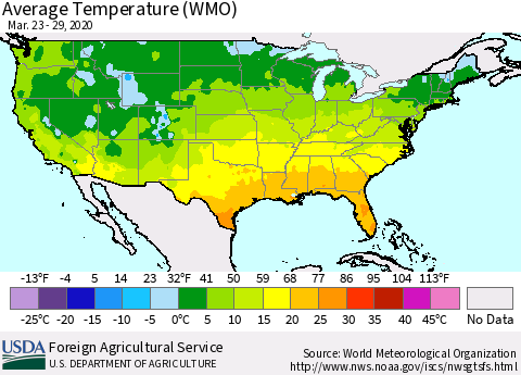 United States Average Temperature (WMO) Thematic Map For 3/23/2020 - 3/29/2020