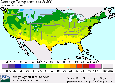 United States Average Temperature (WMO) Thematic Map For 3/30/2020 - 4/5/2020