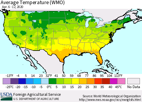 United States Average Temperature (WMO) Thematic Map For 4/6/2020 - 4/12/2020