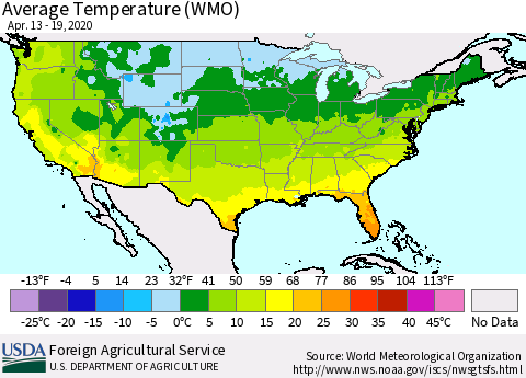 United States Average Temperature (WMO) Thematic Map For 4/13/2020 - 4/19/2020