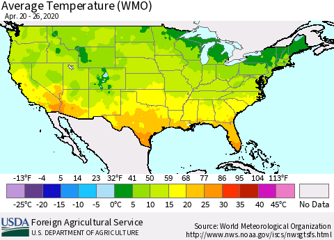 United States Average Temperature (WMO) Thematic Map For 4/20/2020 - 4/26/2020