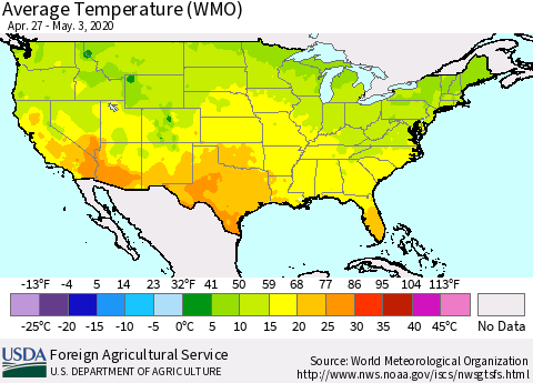 United States Average Temperature (WMO) Thematic Map For 4/27/2020 - 5/3/2020