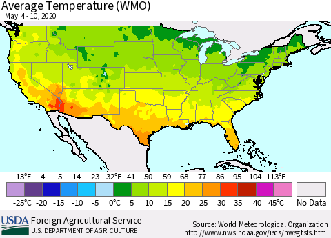 United States Average Temperature (WMO) Thematic Map For 5/4/2020 - 5/10/2020