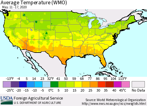 United States Average Temperature (WMO) Thematic Map For 5/11/2020 - 5/17/2020