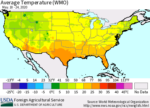 United States Average Temperature (WMO) Thematic Map For 5/18/2020 - 5/24/2020
