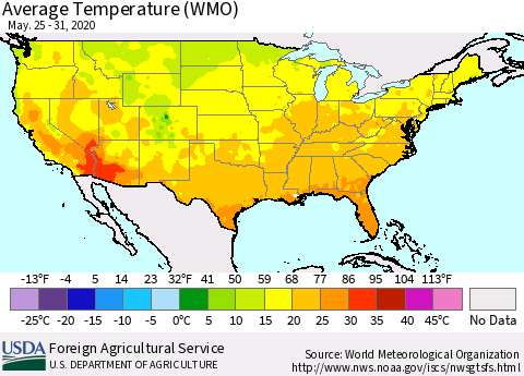 United States Average Temperature (WMO) Thematic Map For 5/25/2020 - 5/31/2020