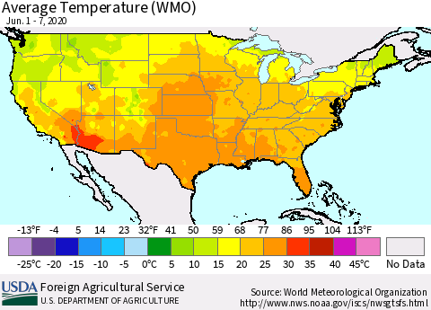 United States Average Temperature (WMO) Thematic Map For 6/1/2020 - 6/7/2020