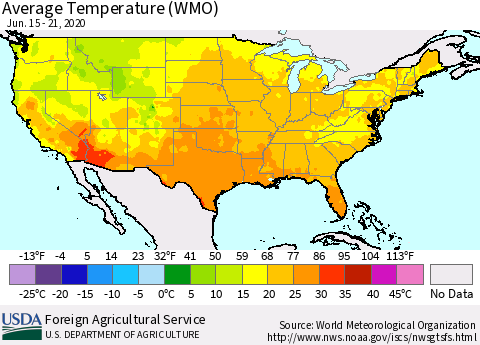 United States Average Temperature (WMO) Thematic Map For 6/15/2020 - 6/21/2020