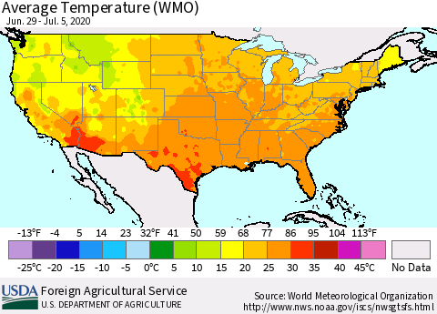 United States Average Temperature (WMO) Thematic Map For 6/29/2020 - 7/5/2020