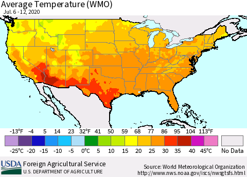 United States Average Temperature (WMO) Thematic Map For 7/6/2020 - 7/12/2020