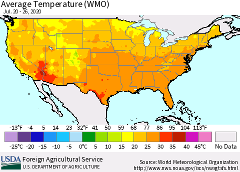United States Average Temperature (WMO) Thematic Map For 7/20/2020 - 7/26/2020