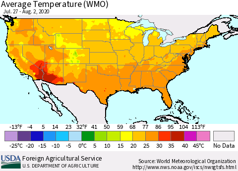 United States Average Temperature (WMO) Thematic Map For 7/27/2020 - 8/2/2020