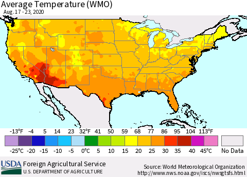 United States Average Temperature (WMO) Thematic Map For 8/17/2020 - 8/23/2020