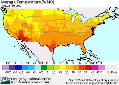 United States Average Temperature (WMO) Thematic Map For 8/24/2020 - 8/30/2020