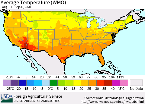 United States Average Temperature (WMO) Thematic Map For 8/31/2020 - 9/6/2020
