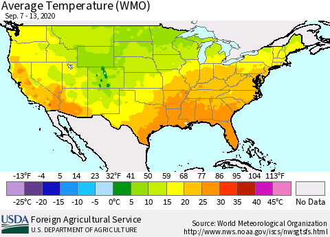 United States Average Temperature (WMO) Thematic Map For 9/7/2020 - 9/13/2020