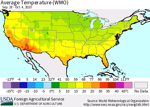 United States Average Temperature (WMO) Thematic Map For 9/28/2020 - 10/4/2020