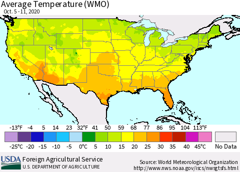 United States Average Temperature (WMO) Thematic Map For 10/5/2020 - 10/11/2020