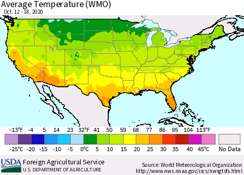 United States Average Temperature (WMO) Thematic Map For 10/12/2020 - 10/18/2020