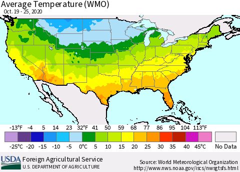 United States Average Temperature (WMO) Thematic Map For 10/19/2020 - 10/25/2020