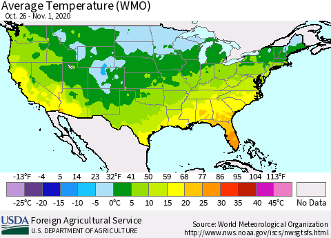 United States Average Temperature (WMO) Thematic Map For 10/26/2020 - 11/1/2020