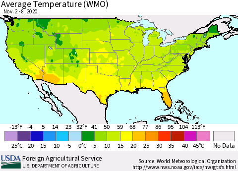 United States Average Temperature (WMO) Thematic Map For 11/2/2020 - 11/8/2020