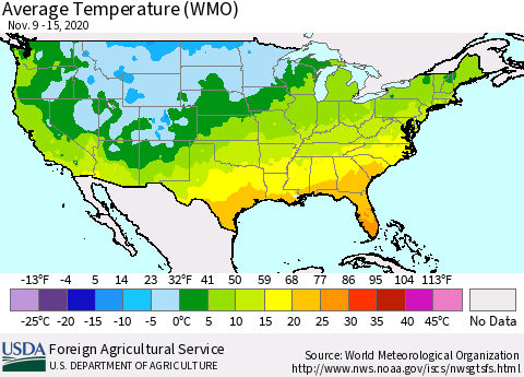 United States Average Temperature (WMO) Thematic Map For 11/9/2020 - 11/15/2020