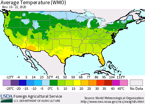 United States Average Temperature (WMO) Thematic Map For 11/16/2020 - 11/22/2020