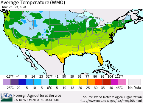 United States Average Temperature (WMO) Thematic Map For 11/23/2020 - 11/29/2020
