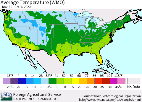 United States Average Temperature (WMO) Thematic Map For 11/30/2020 - 12/6/2020