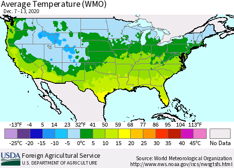 United States Average Temperature (WMO) Thematic Map For 12/7/2020 - 12/13/2020