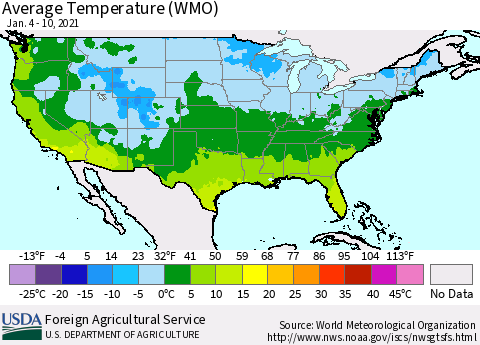 United States Average Temperature (WMO) Thematic Map For 1/4/2021 - 1/10/2021