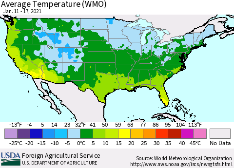 United States Average Temperature (WMO) Thematic Map For 1/11/2021 - 1/17/2021