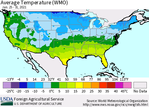United States Average Temperature (WMO) Thematic Map For 1/25/2021 - 1/31/2021