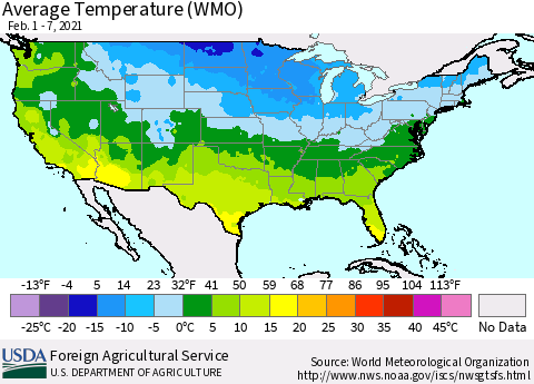 United States Average Temperature (WMO) Thematic Map For 2/1/2021 - 2/7/2021