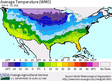 United States Average Temperature (WMO) Thematic Map For 2/8/2021 - 2/14/2021