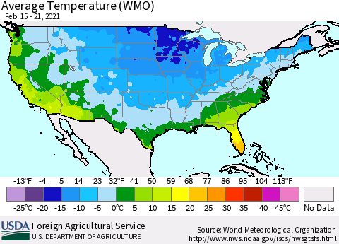 United States Average Temperature (WMO) Thematic Map For 2/15/2021 - 2/21/2021