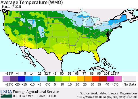 United States Average Temperature (WMO) Thematic Map For 3/1/2021 - 3/7/2021