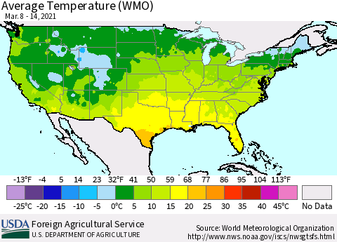 United States Average Temperature (WMO) Thematic Map For 3/8/2021 - 3/14/2021