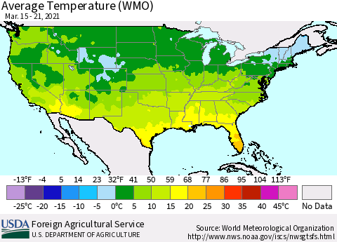 United States Average Temperature (WMO) Thematic Map For 3/15/2021 - 3/21/2021