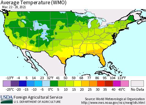 United States Average Temperature (WMO) Thematic Map For 3/22/2021 - 3/28/2021