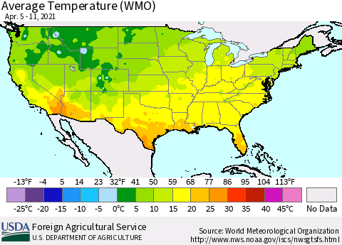 United States Average Temperature (WMO) Thematic Map For 4/5/2021 - 4/11/2021