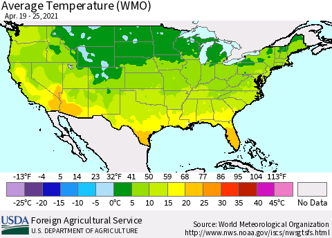 United States Average Temperature (WMO) Thematic Map For 4/19/2021 - 4/25/2021