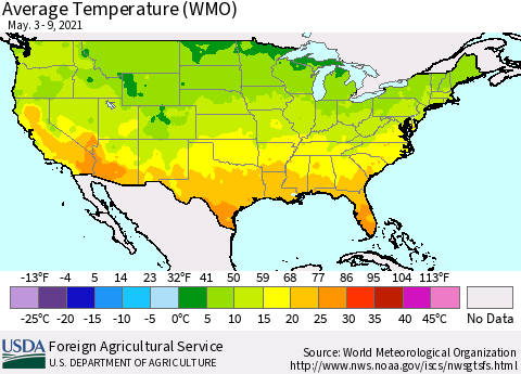 United States Average Temperature (WMO) Thematic Map For 5/3/2021 - 5/9/2021